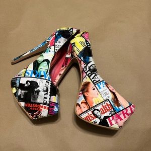 Fabulous Shi Multi Color News Print Stiletto Heel